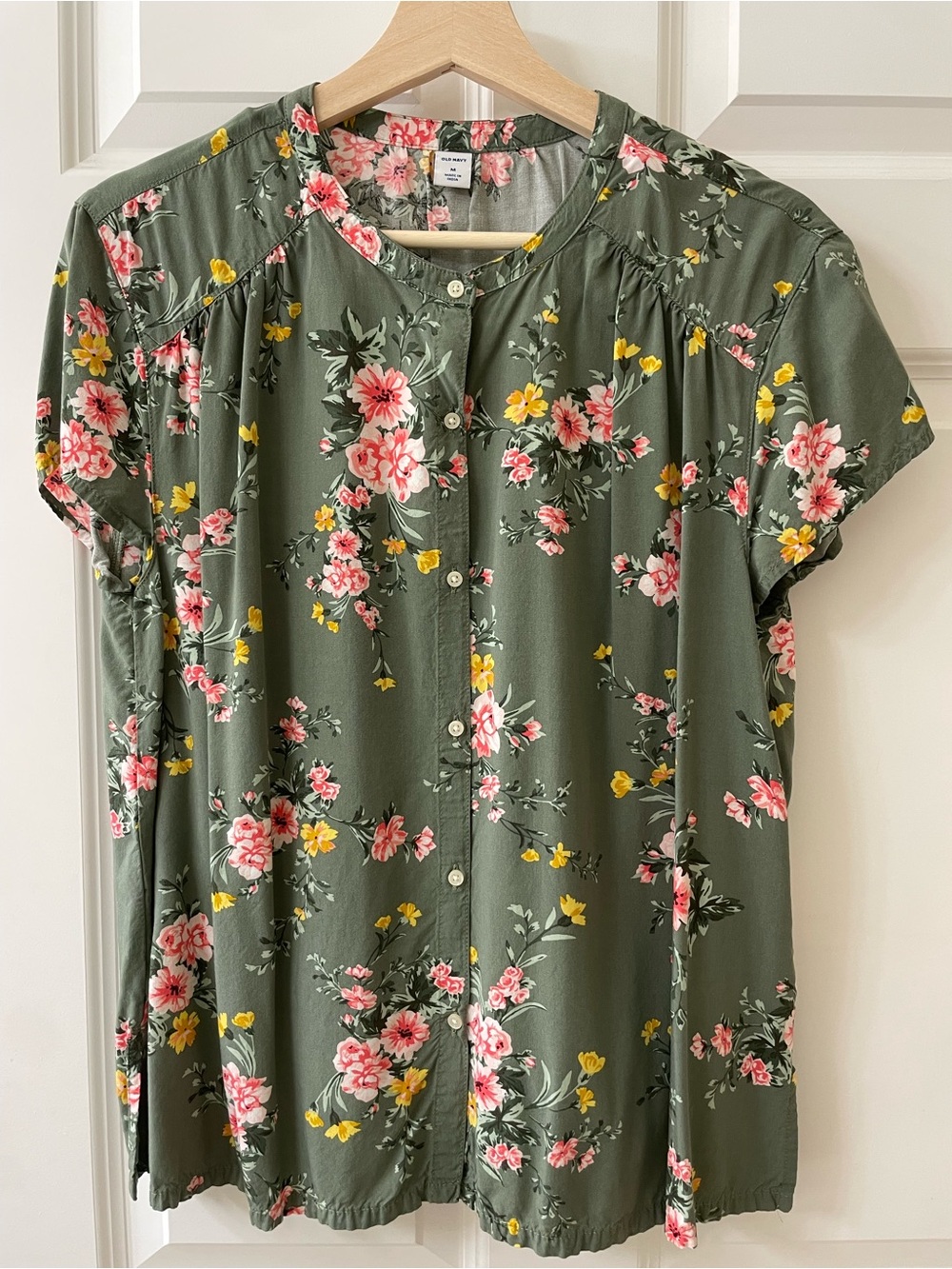 Old Navy Sage Green Floral Short Sleeve button down with Pink & Yellow Blooms